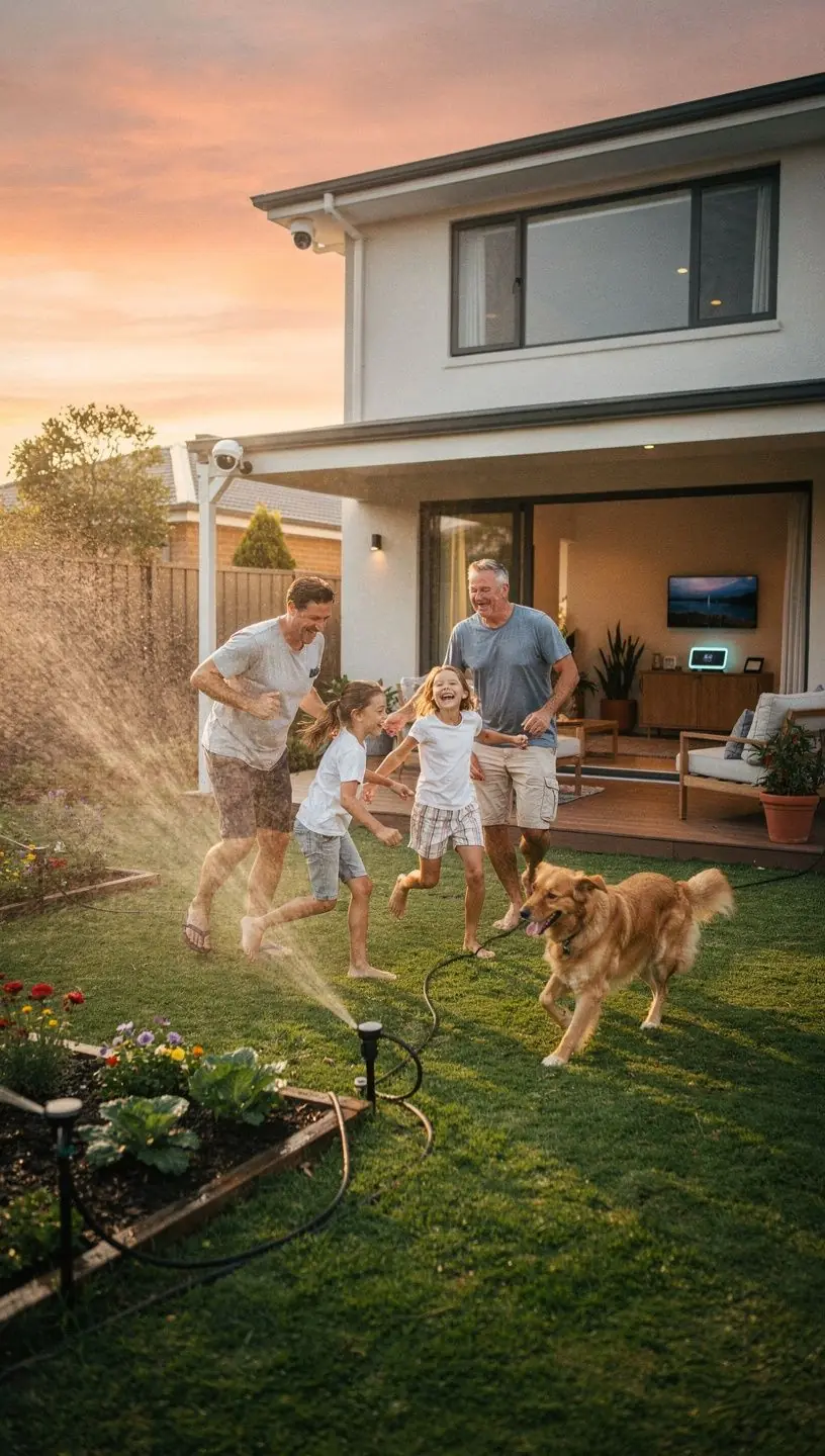 Интерьер жилого помещения с интегрированными системами безопасности и управления.