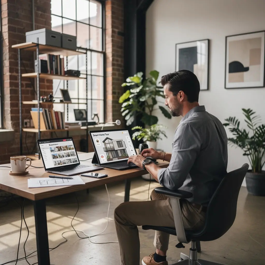 Семья наслаждается комфортом и технологиями умного жилья в уютной обстановке.